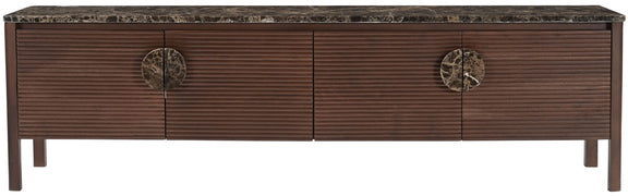 Varenna 69-inch media console with speckled marble top and three drawer fronts with round pulls
