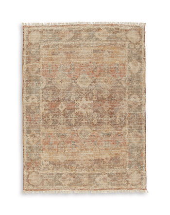 Light brown area rug with faded ornate medallion pattern and flat weave