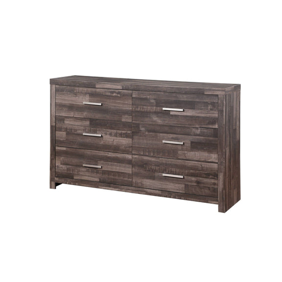 Dark brown dresser with six drawers and silver bar handles