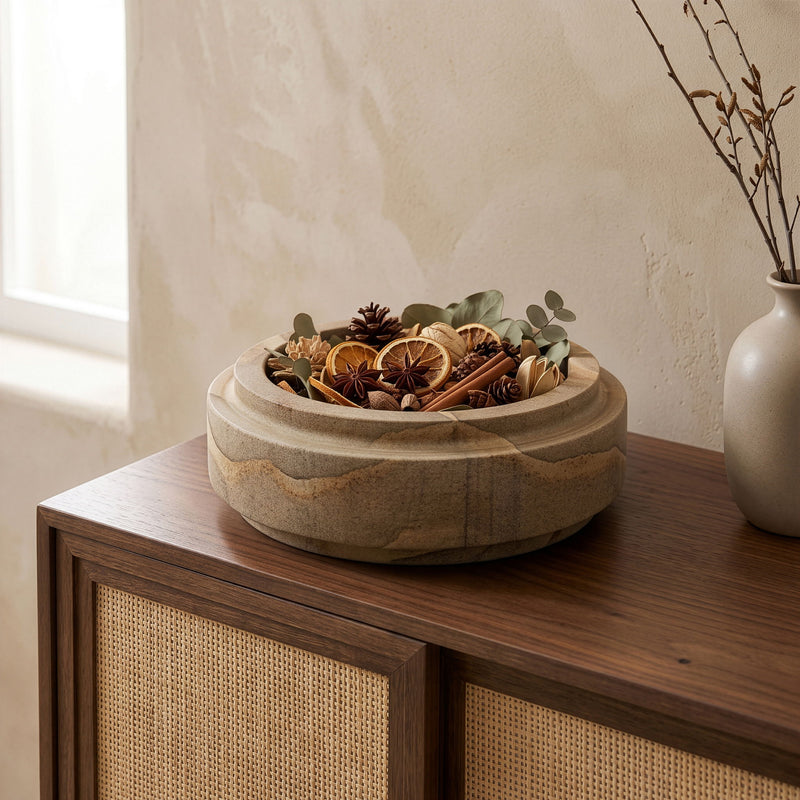 Light brown sandstone bowl on wooden surface filled with dried stems and pods.