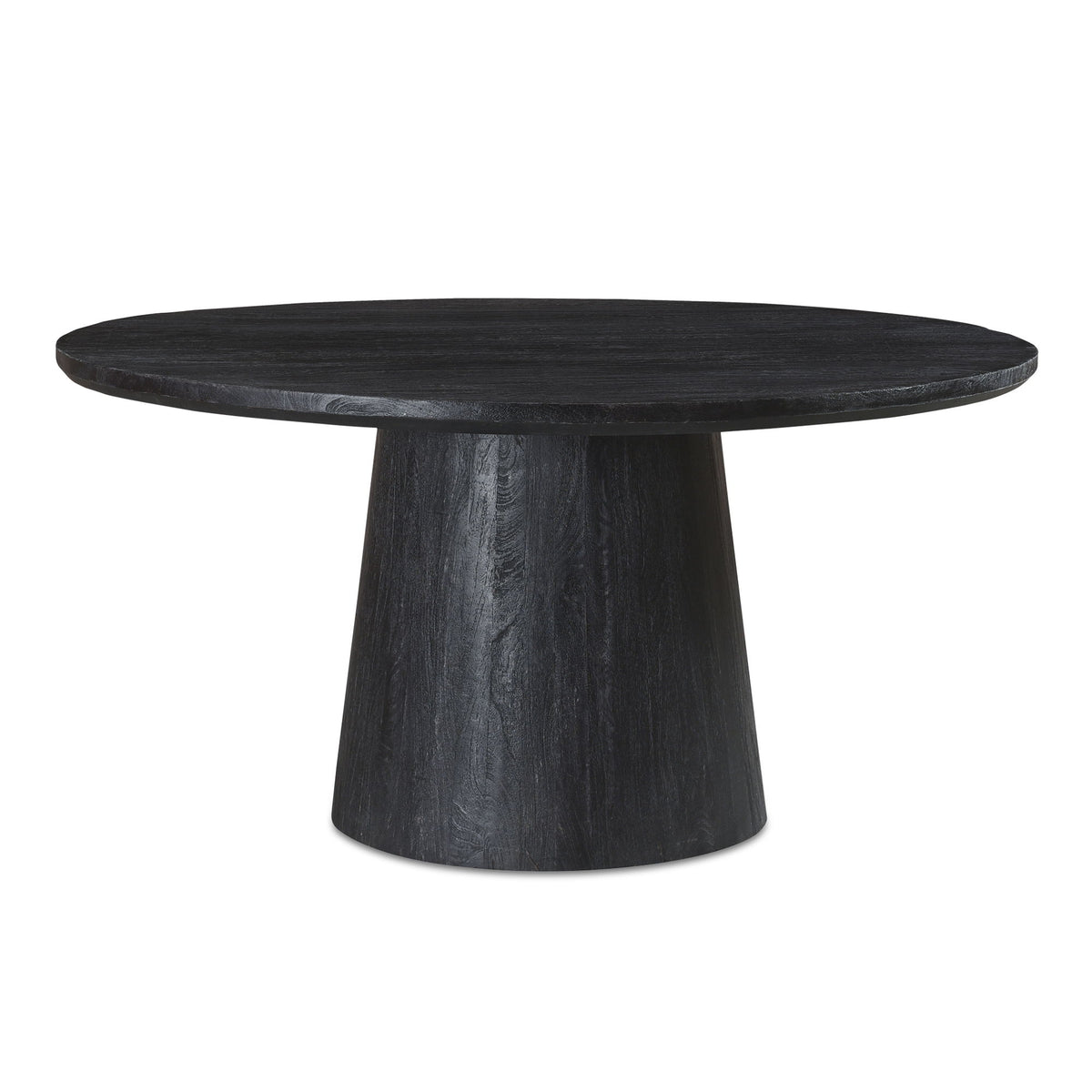 Round black dining table with pedestal base and dark woodgrain top