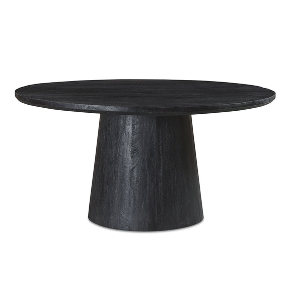 Round black dining table with pedestal base and dark woodgrain top
