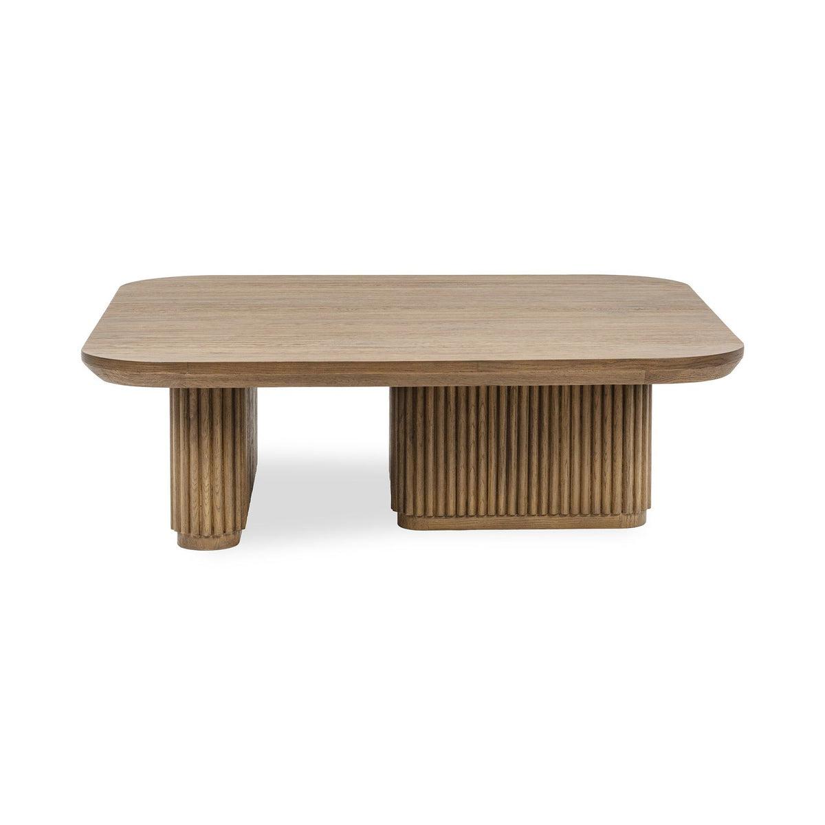 Tawny brown solid wood square coffee table with ribbed sides and block legs