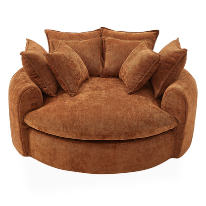 Round orange chaise sofa with curved arms and multiple matching throw pillows