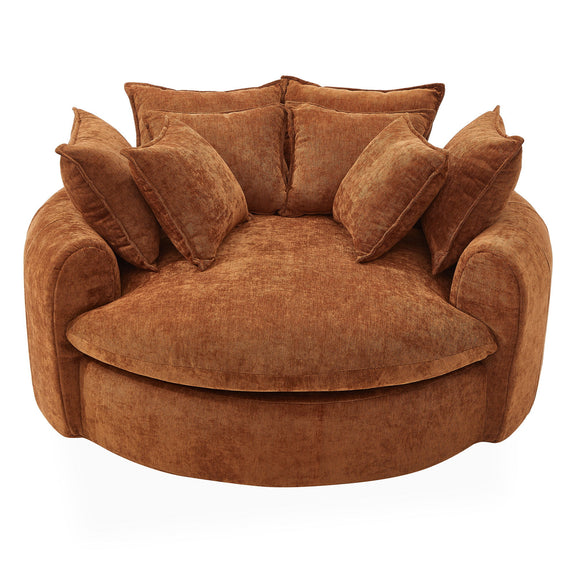 Round orange chaise sofa with curved arms and multiple matching throw pillows