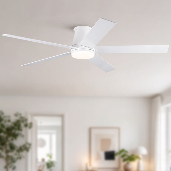 Flush-mount ceiling fan with light, white housing and multi-blade design