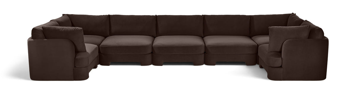 Dark brown velvet U-shaped sectional sofa, 7-piece set with ottoman blocks