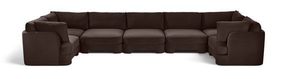 Dark brown velvet U-shaped sectional sofa, 7-piece set with ottoman blocks