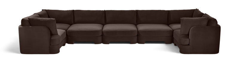 Dark brown velvet U-shaped sectional sofa, 7-piece set with ottoman blocks