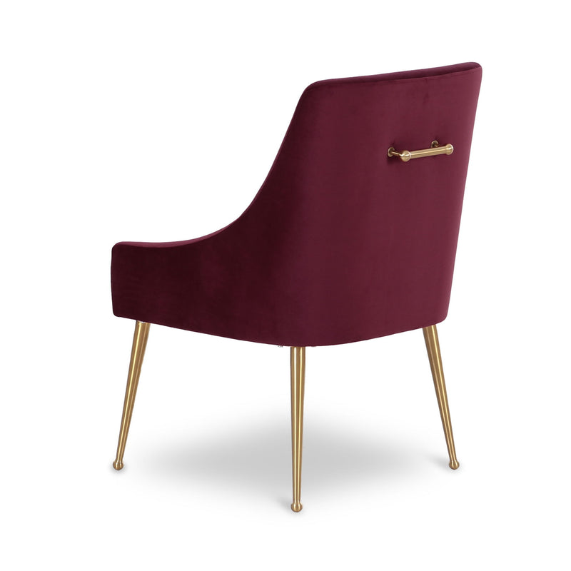 Burgundy velvet side chair with curved back, gold-toned handle, and metal legs