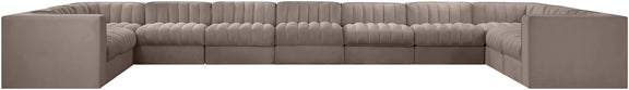 Gray velvet modular sectional sofa with tufted cushions and square arms