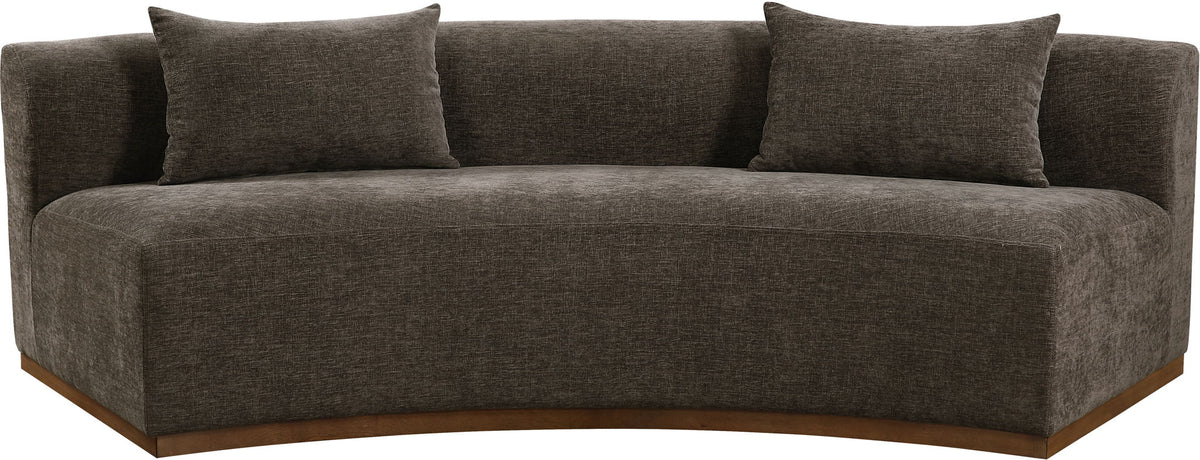 Dark brown chenille upholstered sofa with three back cushions and wide arms