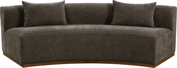 Dark brown chenille upholstered sofa with three back cushions and wide arms