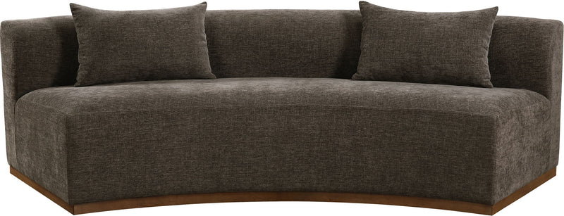 Dark brown chenille upholstered sofa with three back cushions and wide arms