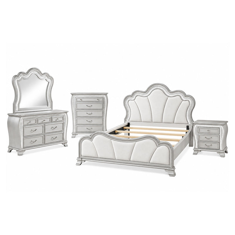 Silver bedroom furniture set with upholstered bed frame, dresser, and two matching nightstands