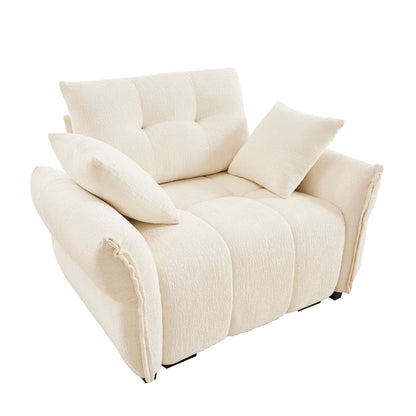 White single seater sofa with high back, cushioned armrests, and two throw pillows