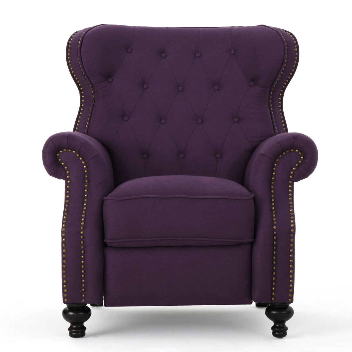 Purple button-tufted push-back recliner chair with studded trim and rolled arms