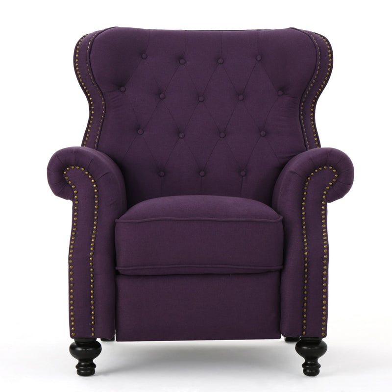 Purple tufted recliner chair with studded trim, rounded arms, and dark ball feet.