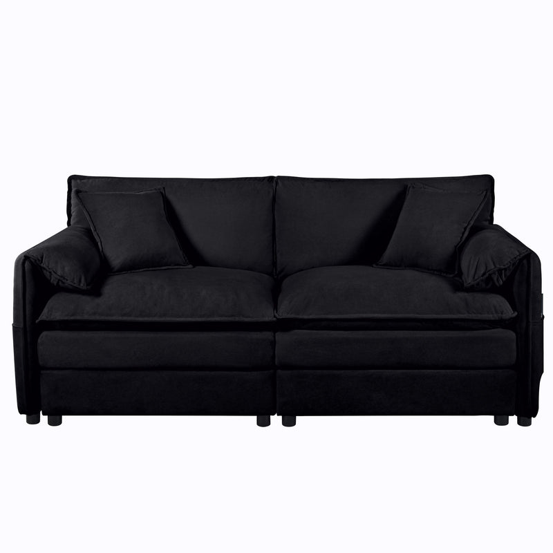 Black oversized loveseat sofa with tufted back cushions and deep seat, square armrests