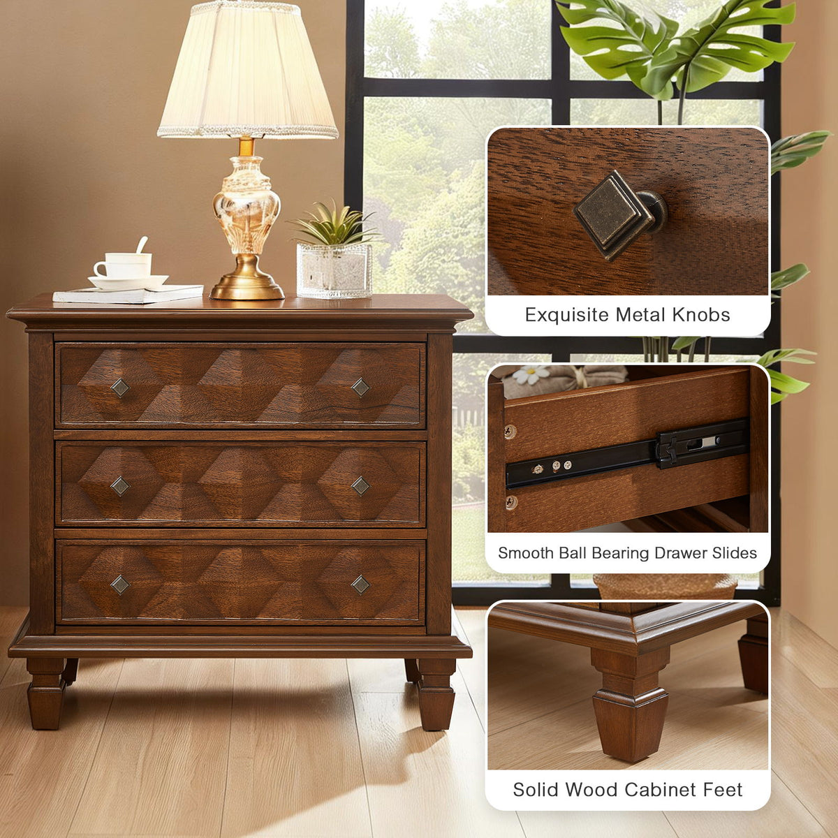 Walnut nightstand with metal knobs, ball-bearing drawer slides, and solid wood feet