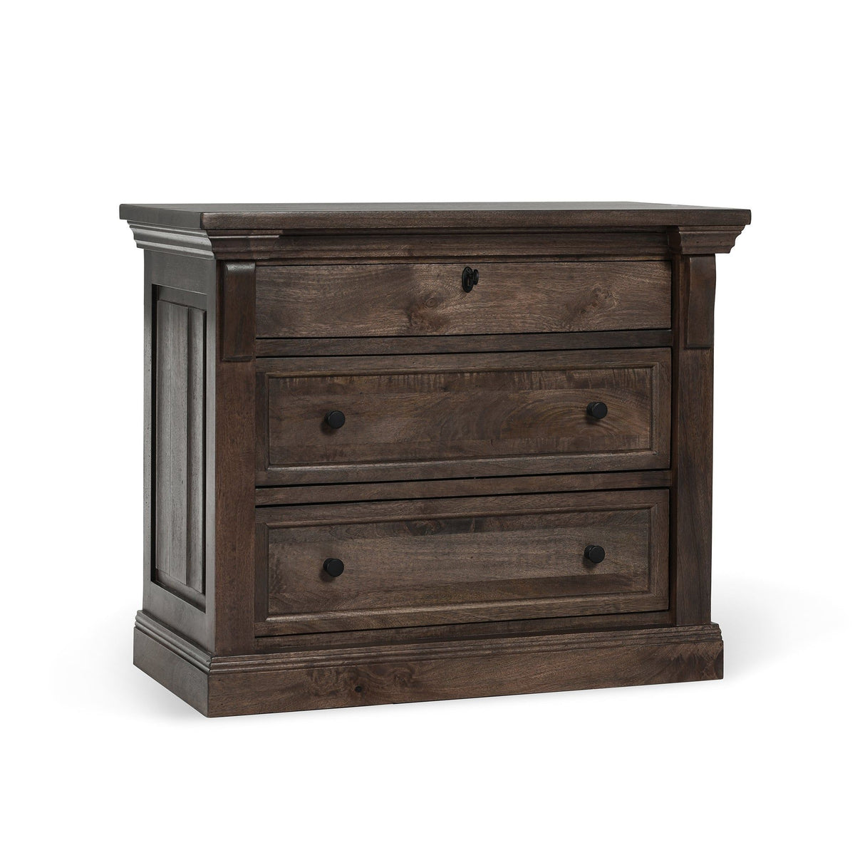 Cocoa brown wood 3-drawer nightstand with black knobs and stacked drawer fronts