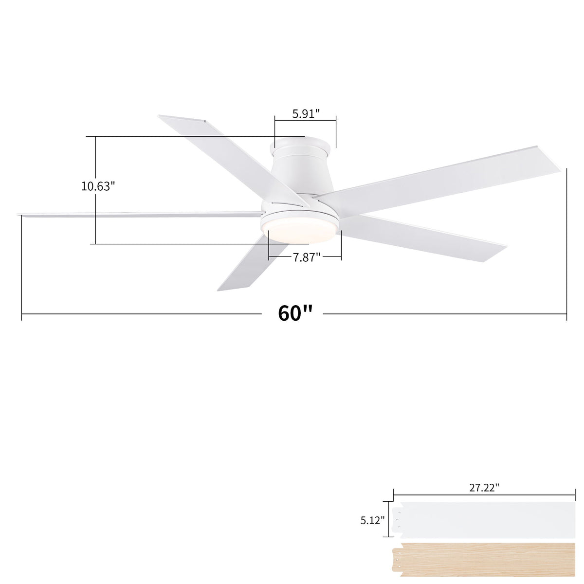 Flush-mount ceiling fan with light, white finish; size diagram with measurements