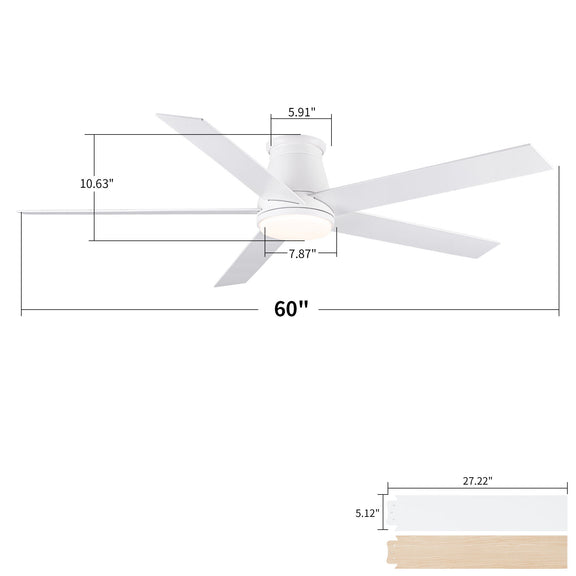 Flush-mount ceiling fan with light, white finish; size diagram with measurements