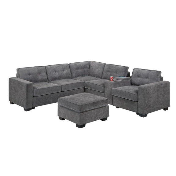 Dark gray sectional sofa set with corner wedge and ottoman, padded chaise-style arms