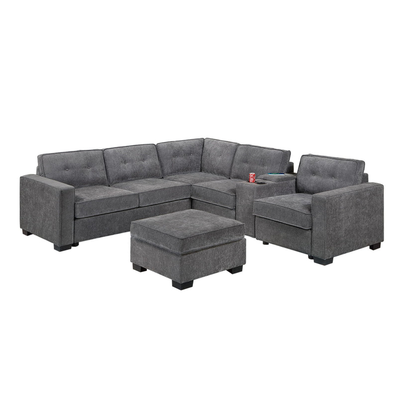 Dark gray sectional sofa set with corner wedge and ottoman, padded chaise-style arms