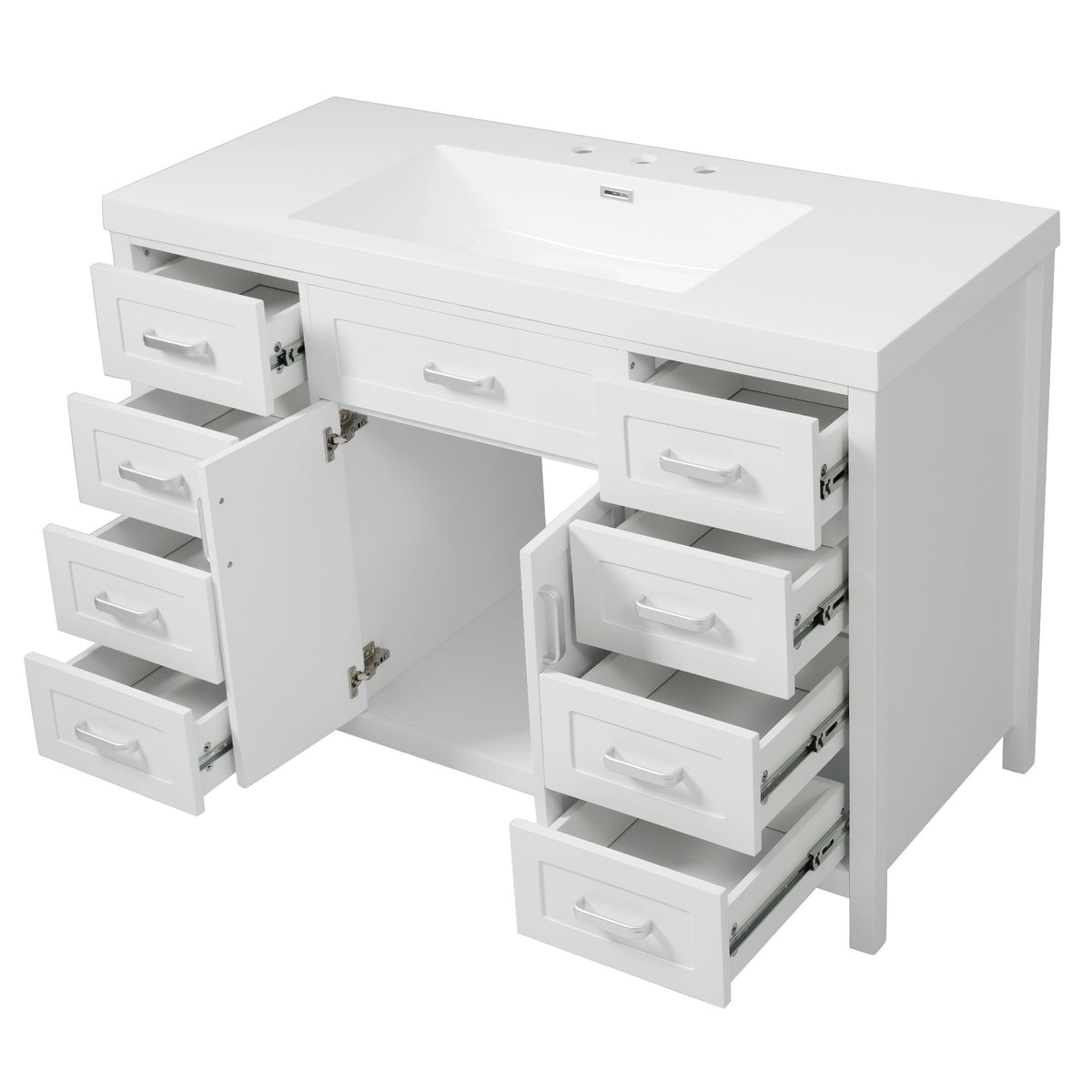 White bathroom vanity with sink top, open compartments, and drawers on soft-close rails.