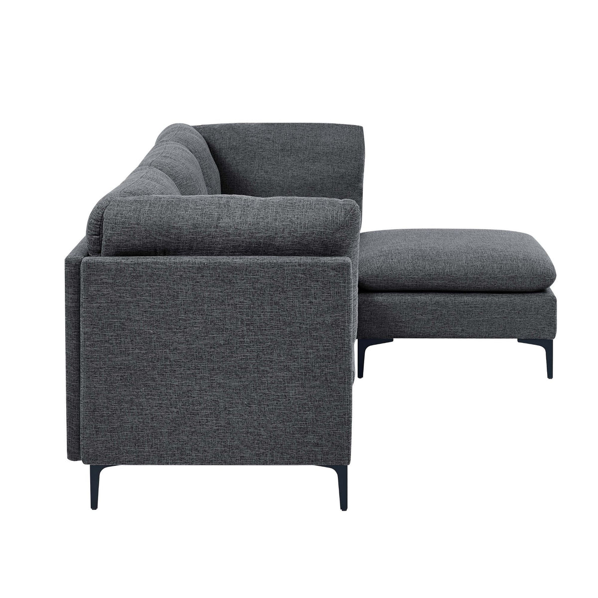 Dark gray modular sectional seat with tall legs, upholstered back and arm