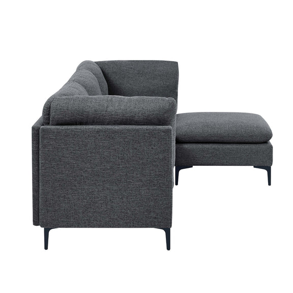 Dark gray modular sectional seat with tall legs, upholstered back and arm