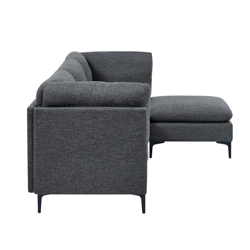 Dark gray modular sectional seat with tall legs, upholstered back and arm