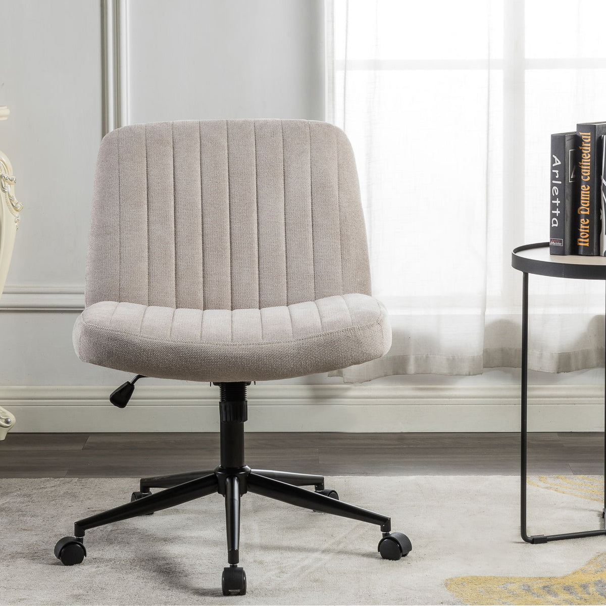 Cross Legged Office Chair, Wide Comfty Desk Chair, Vanity Home Chair, Armless Computer Task Chair With Wheels, Swivel And Height Adjustable - Beige