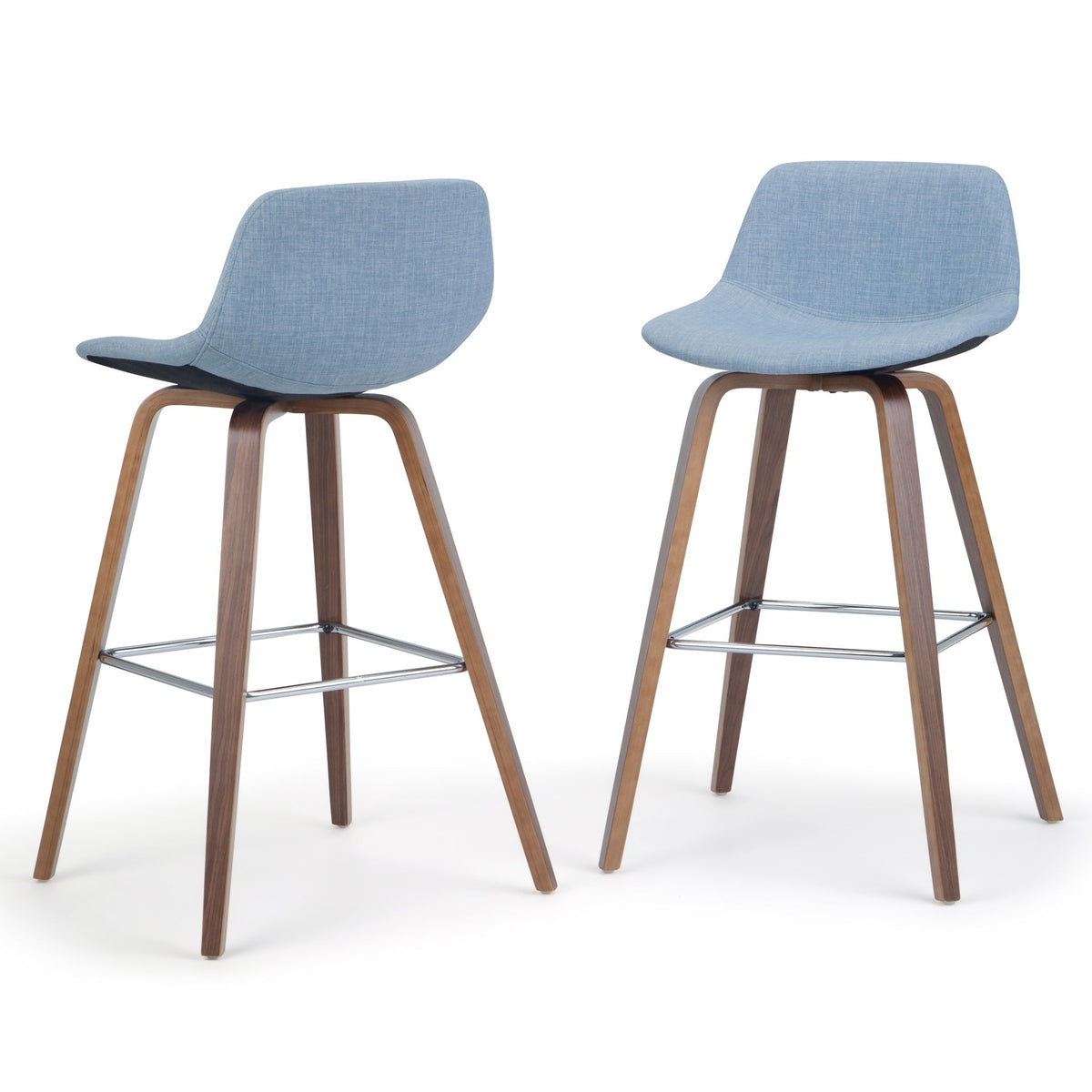 Set of 2 counter-height bar stools, light blue fabric seats, bent wood legs