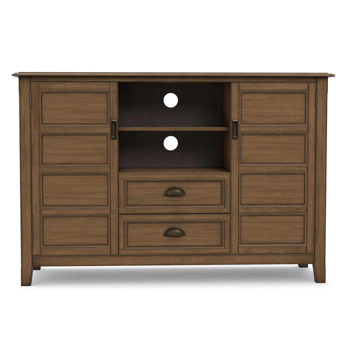 Front view of tall TV media stand with two drawers and four cabinet doors