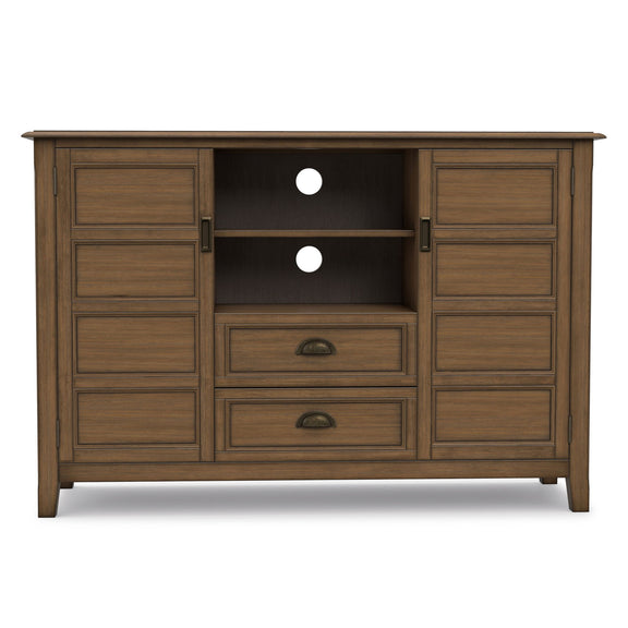 Front view of tall TV media stand with two drawers and four cabinet doors