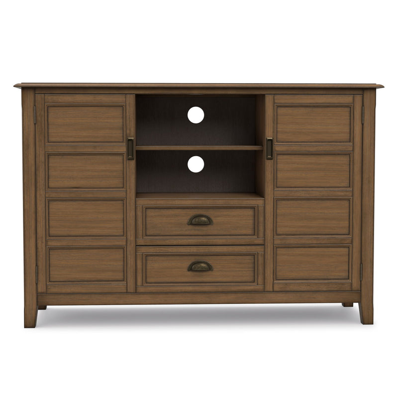 Front view of tall TV media stand with two drawers and four cabinet doors