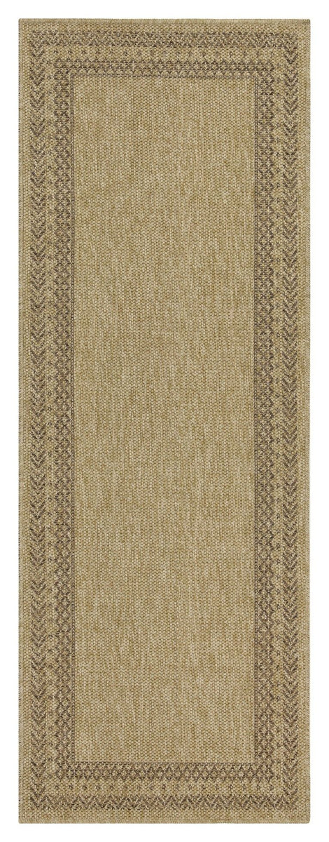 Light brown polypropylene area rug with vertical rectangular border pattern