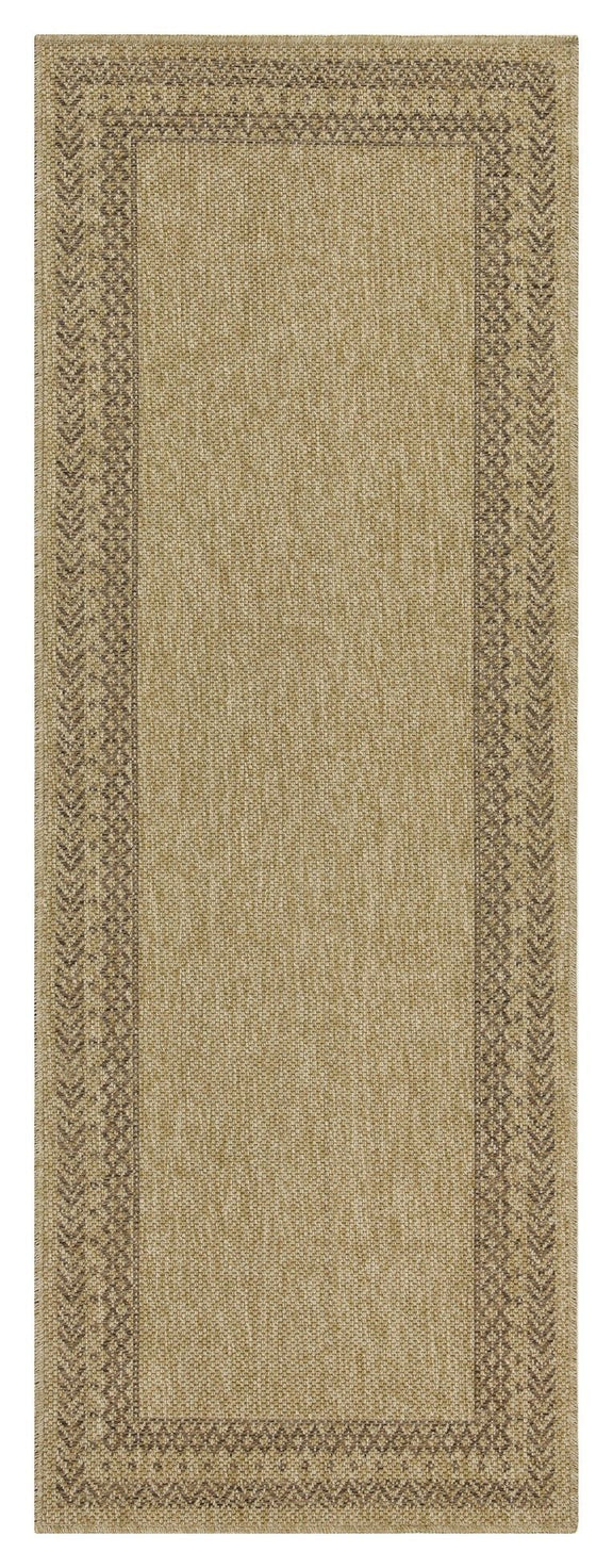 Light brown polypropylene area rug with vertical rectangular border pattern