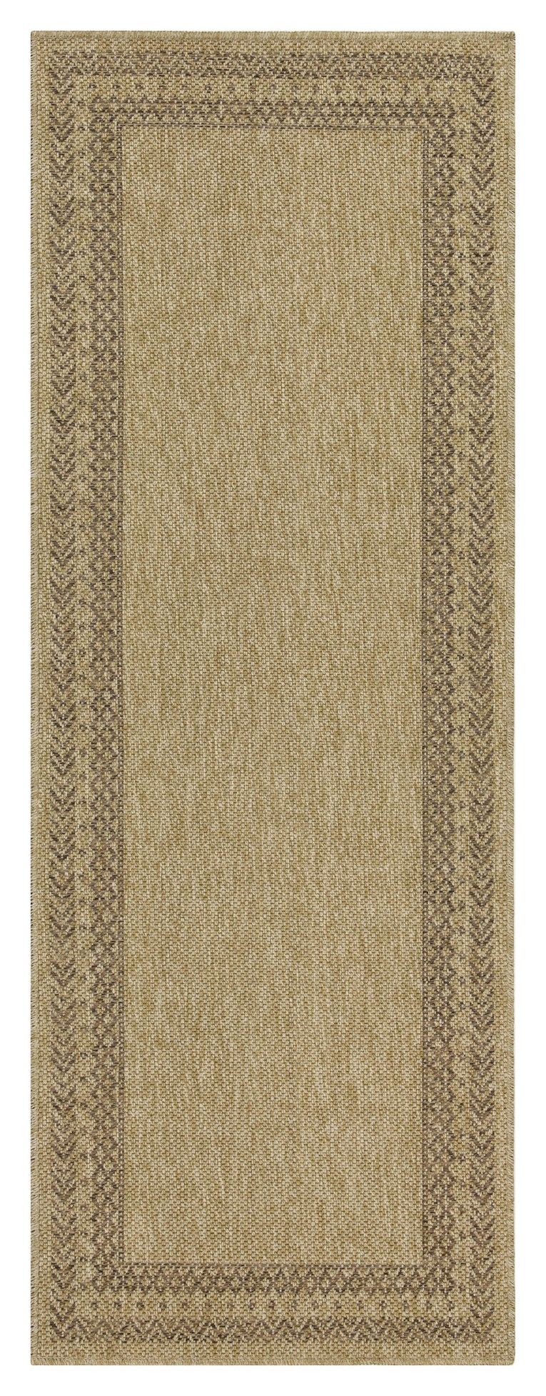 Light brown polypropylene area rug with vertical rectangular border pattern