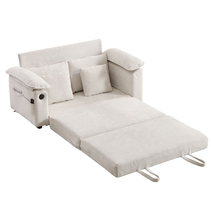 Upholstered futon sofa bed, white fabric, tufted back cushions and pull-out chaise