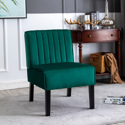 Dark green upholstered accent chair with vertical tufted back and wide arms, dark legs.