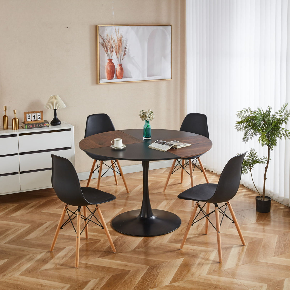 5 Pieces Dining Set, Table Metal Leg Mid-Century Dining Table For 4 - 6 People, Pedestal Dining Table, Table Leisure Coffee Table - Black