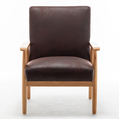 Wide mid-century modern arm chair with dark brown padded upholstery and light wood legs