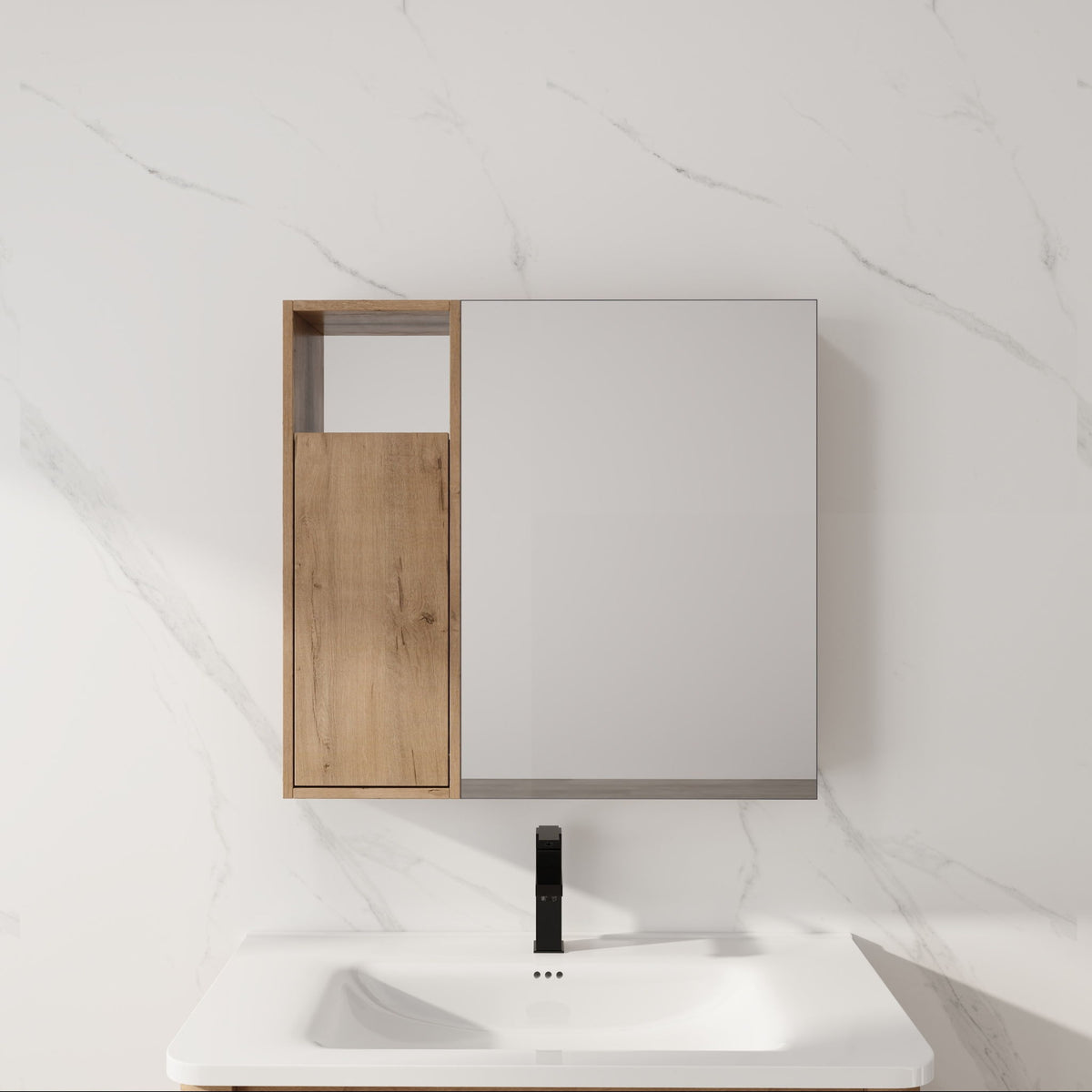 Wall-mounted bathroom cabinet with single door and narrow side compartment, oak-finish
