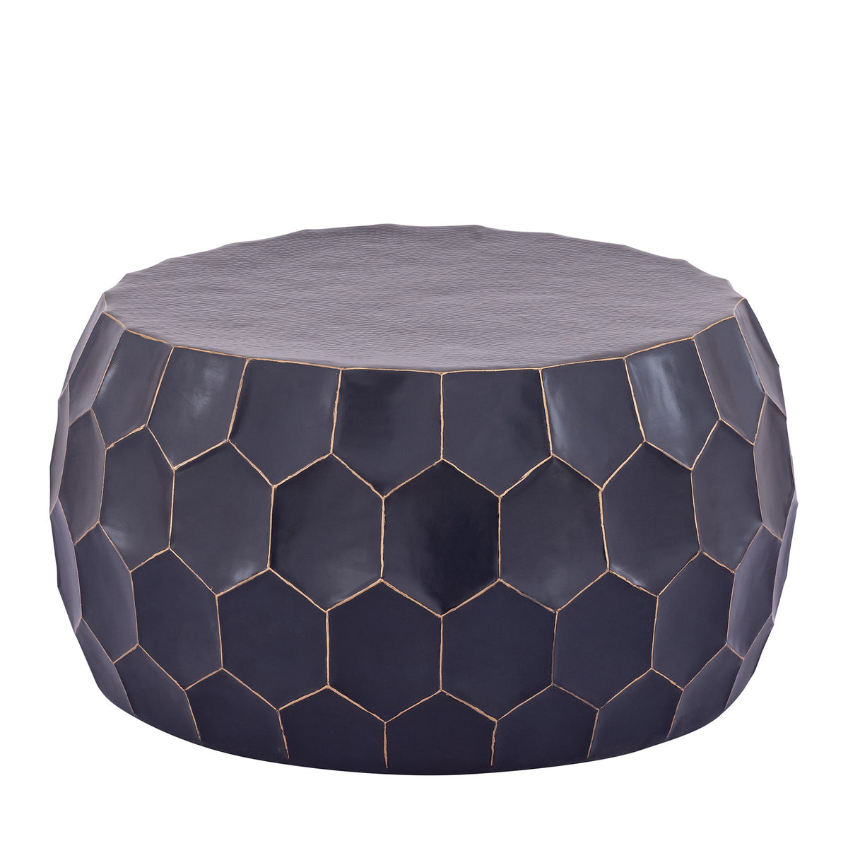 Navy hex-pattern round table with gold-outlined facets and gray top