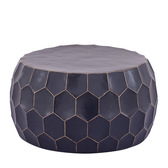 Navy hex-pattern round table with gold-outlined facets and gray top