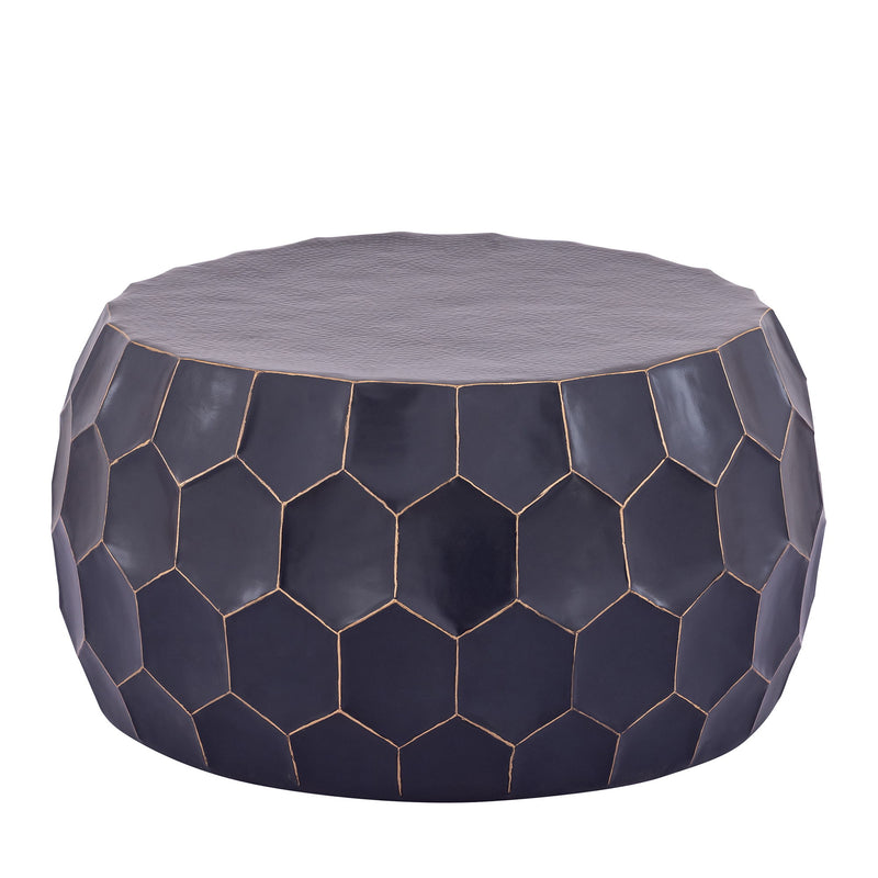 Navy hex-pattern round table with gold-outlined facets and gray top