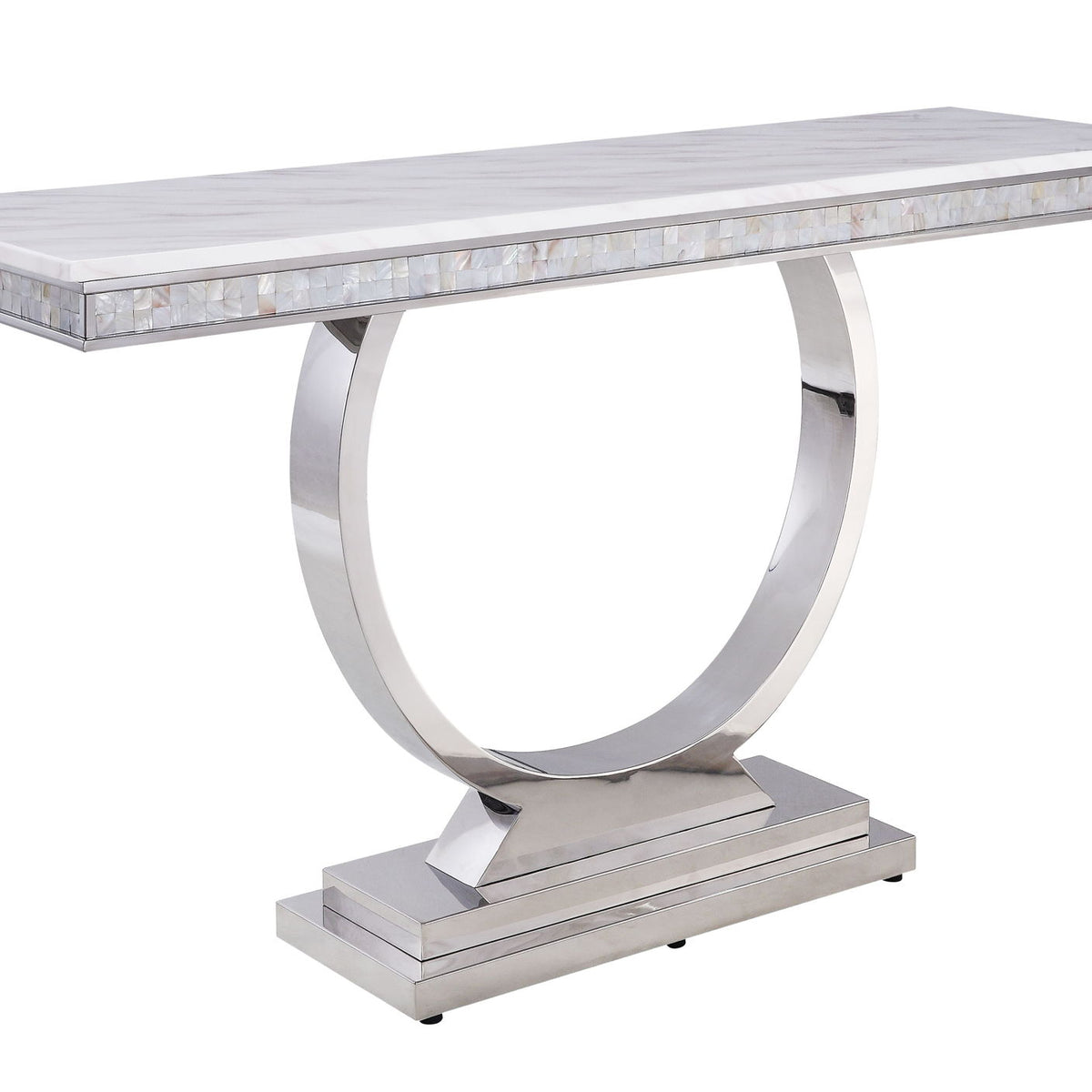 Zander - Printed Faux Marble Top Mirrored Sofa Table - Silver / White